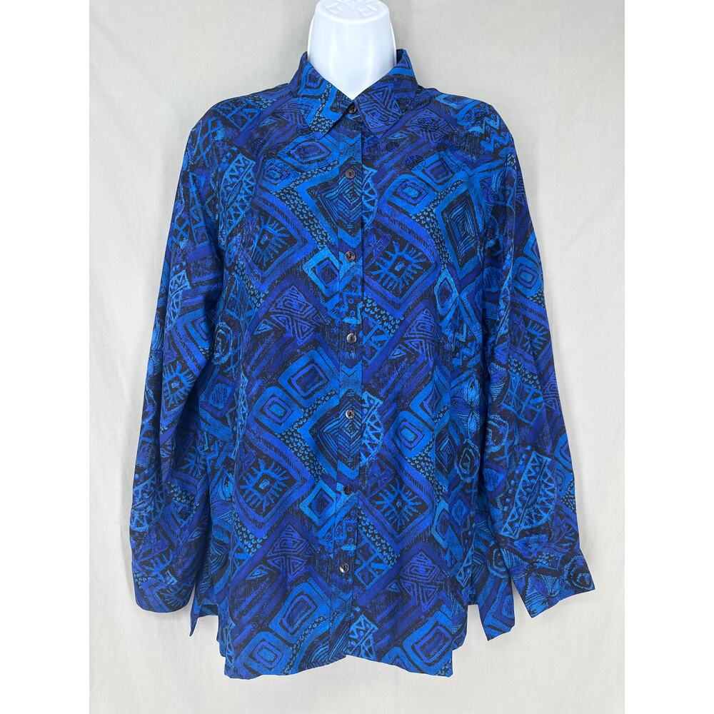 90s Vintage Top Womens Medium Blue Silk Black Button Shirt Artsy Boho Bohemian